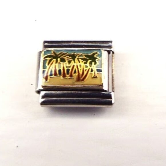 Enamel palm trees on the beach 9mm stainless steel Italian charm bracelet link - Picture 1 of 2